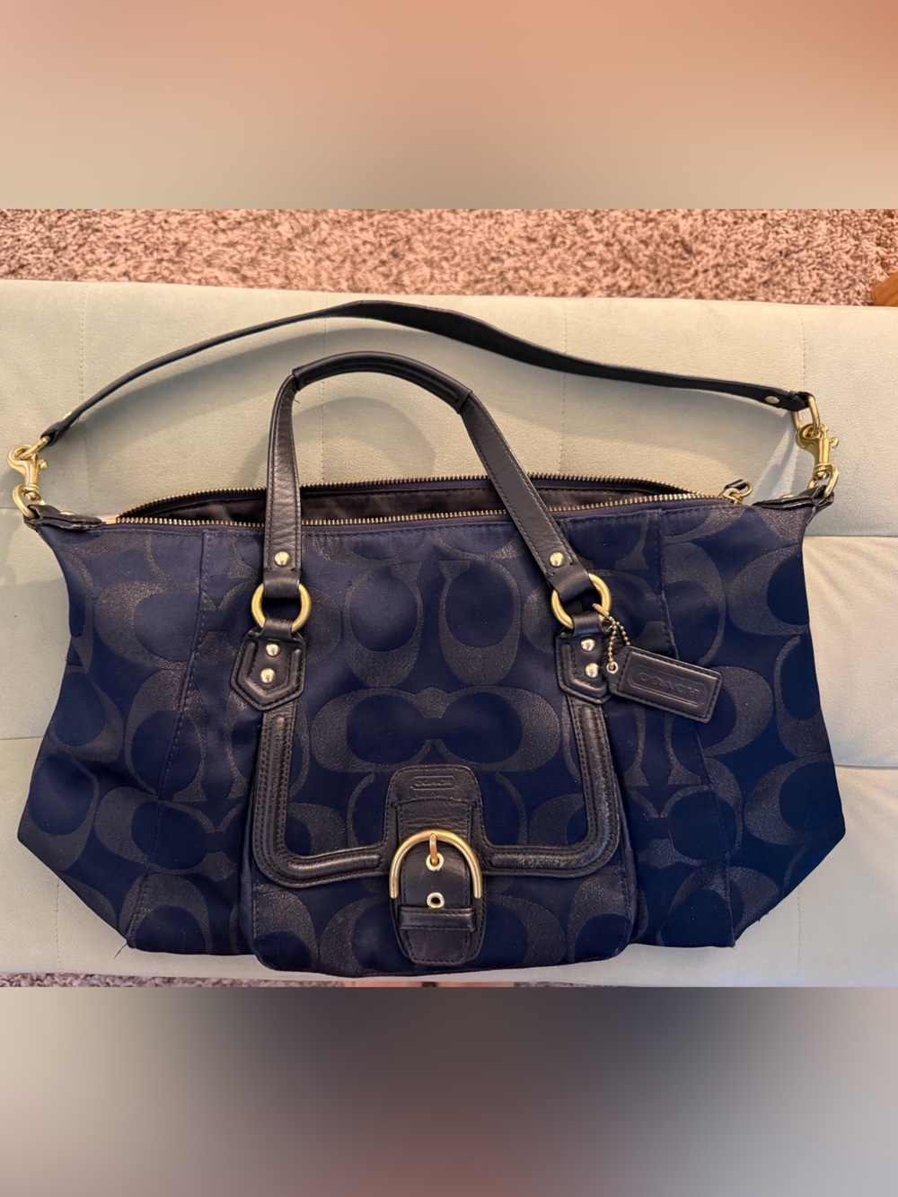 Coach Navy Signature Canvas Shoulder Bag with Gold Hardware